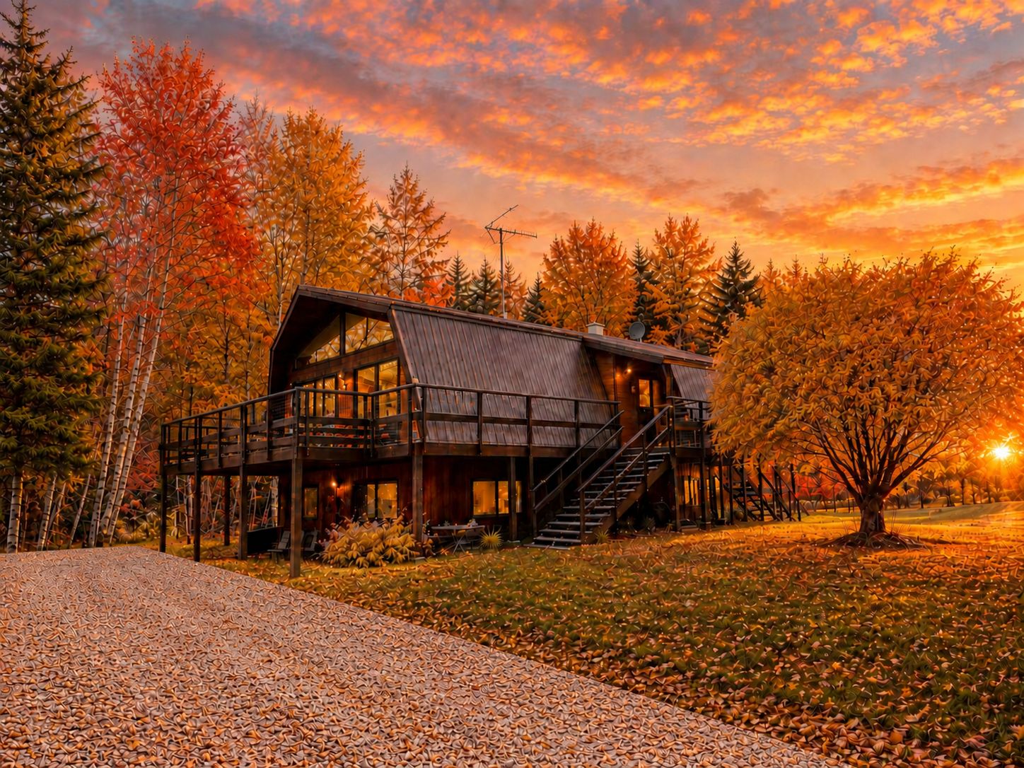 A cabin with a wooden exterior, a balcony, and a staircase leading to the upper level.