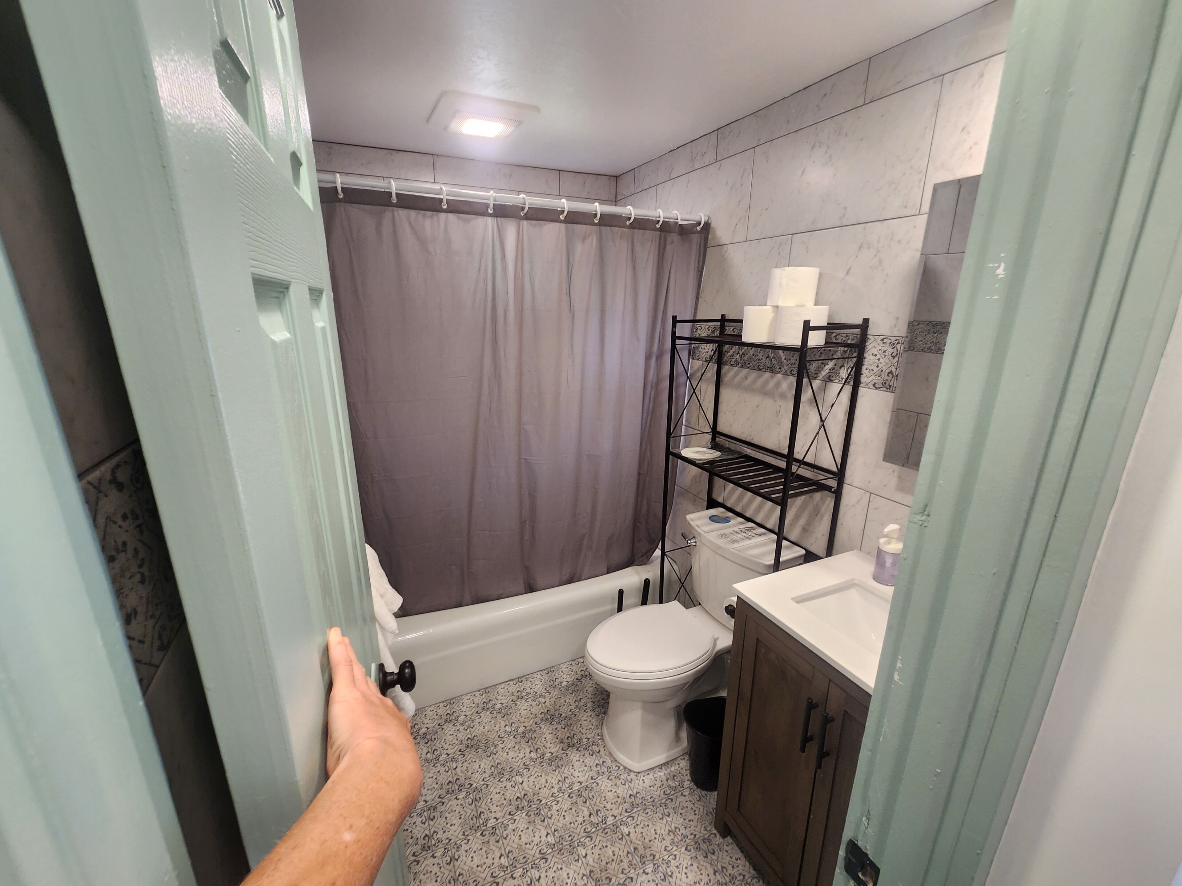 Hair dryer, towels, soap, shampoo