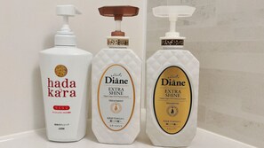 Hair dryer, bidet, towels, soap