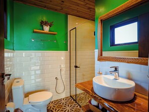 A bathroom with a white toilet, a shower, a sink with a mirror, and a green wall. - AriMara Chalés & Ecoturismo (Mampituba)