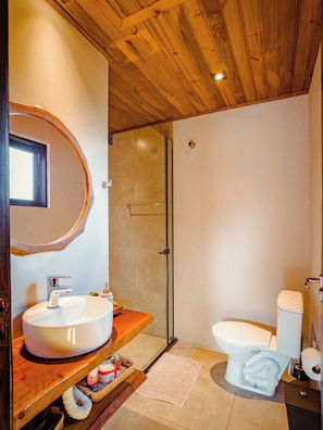 Deluxe Chalet (1) | Bathroom | Separate tub and shower, jetted tub, hair dryer, slippers