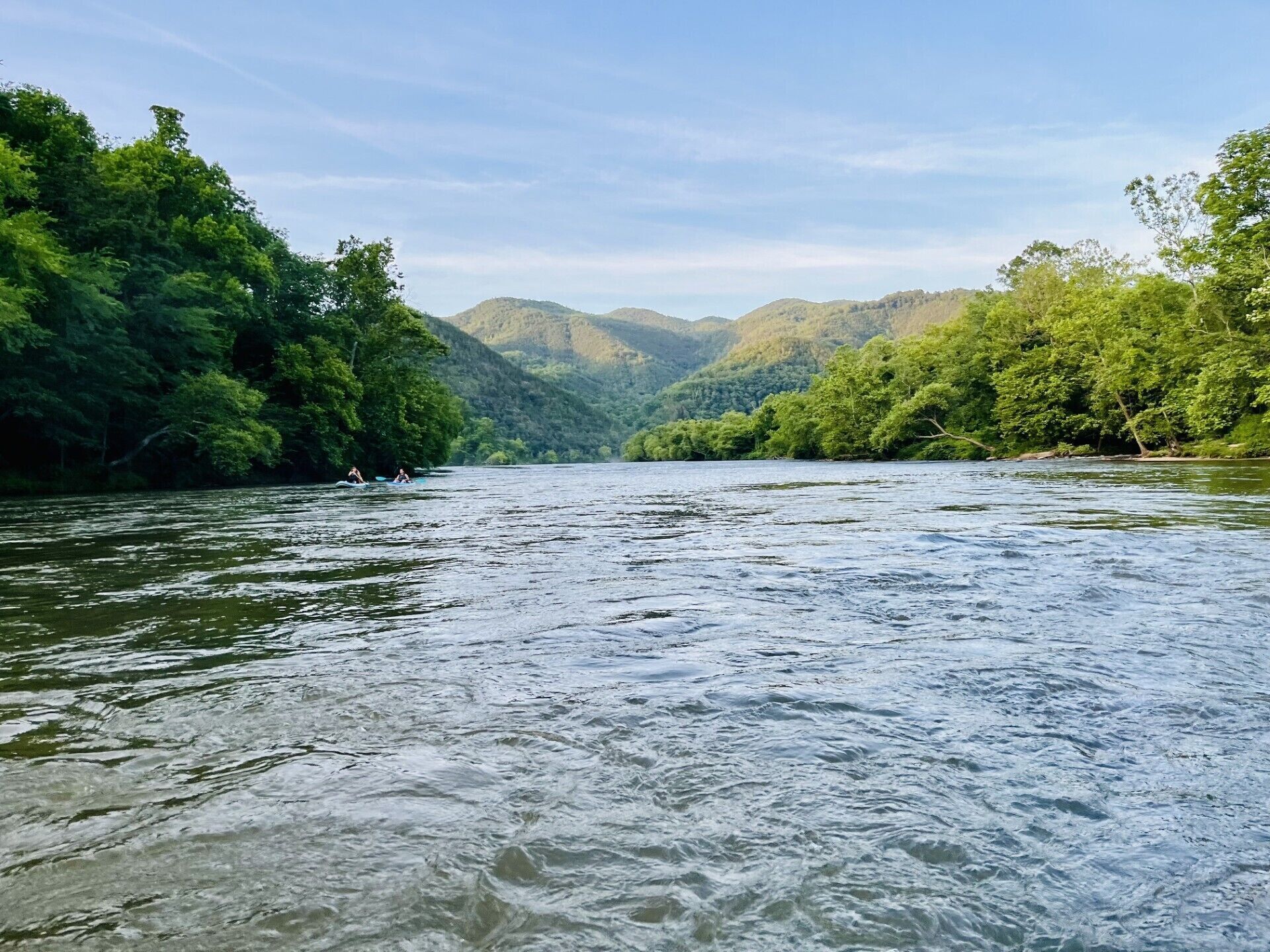 Une rivière bordée d’une forêt, avec des collines en arrière-plan.