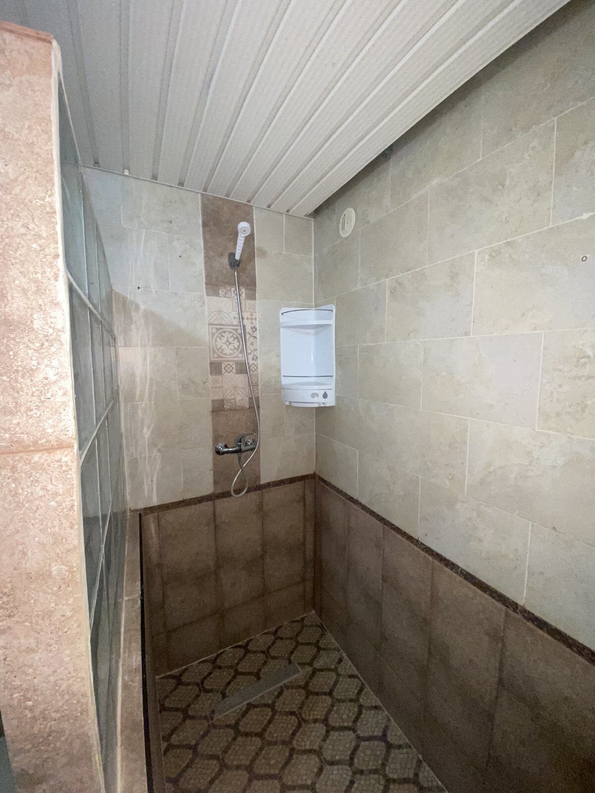 A small, tiled shower area with a showerhead and a wall-mounted water heater.