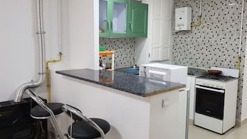 Basic Studio | Private kitchen | Full-size fridge, oven, cookware/dishes/utensils