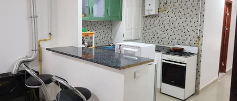 Basic Studio | Private kitchen | Full-sized fridge, microwave, oven, cookware/dishes/utensils