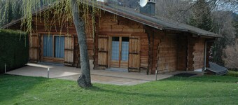 Typical Savoyard wooden chalet facing Mont Blanc