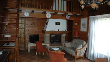 Télévision, cheminée, table de tennis de table