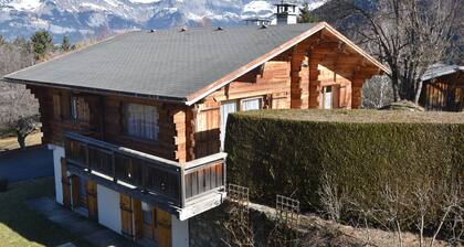 Chalet typiquement savoyard en bois face au Mont Blanc