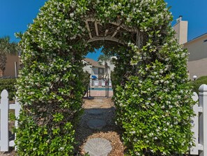 Une arche ornée de plantes en fleurs, un sentier et un bâtiment en arrière-plan.