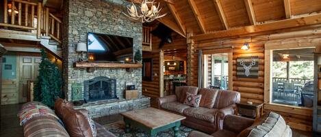 Smart TV, fireplace, foosball, books