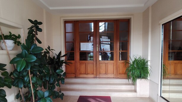 A hallway with a red carpet, wooden doors, and potted plants.