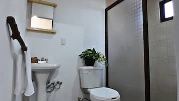 Shower, towels, soap, shampoo