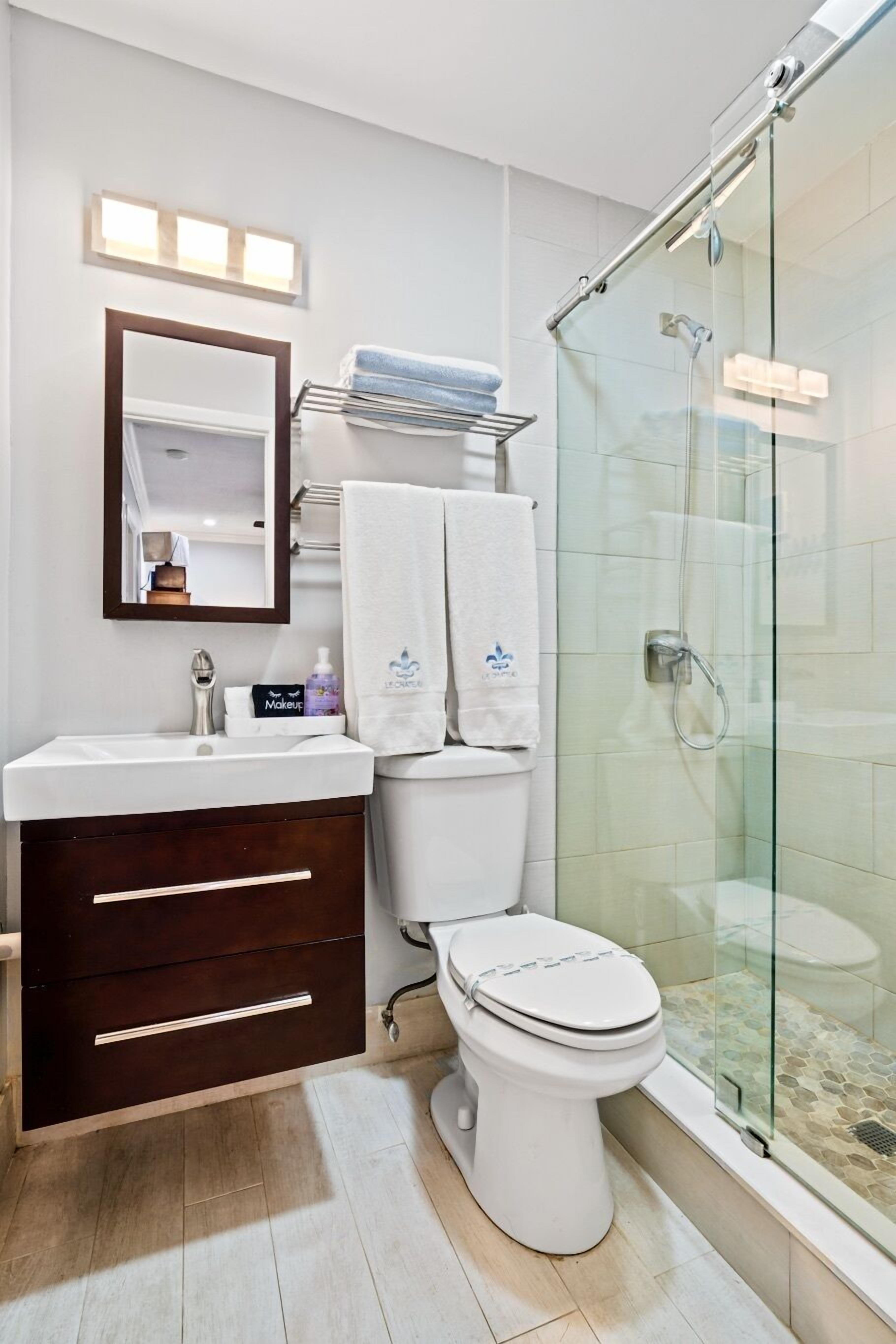 Shower, hair dryer, towels