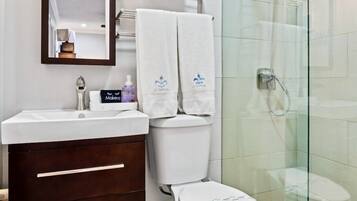 Shower, hair dryer, towels