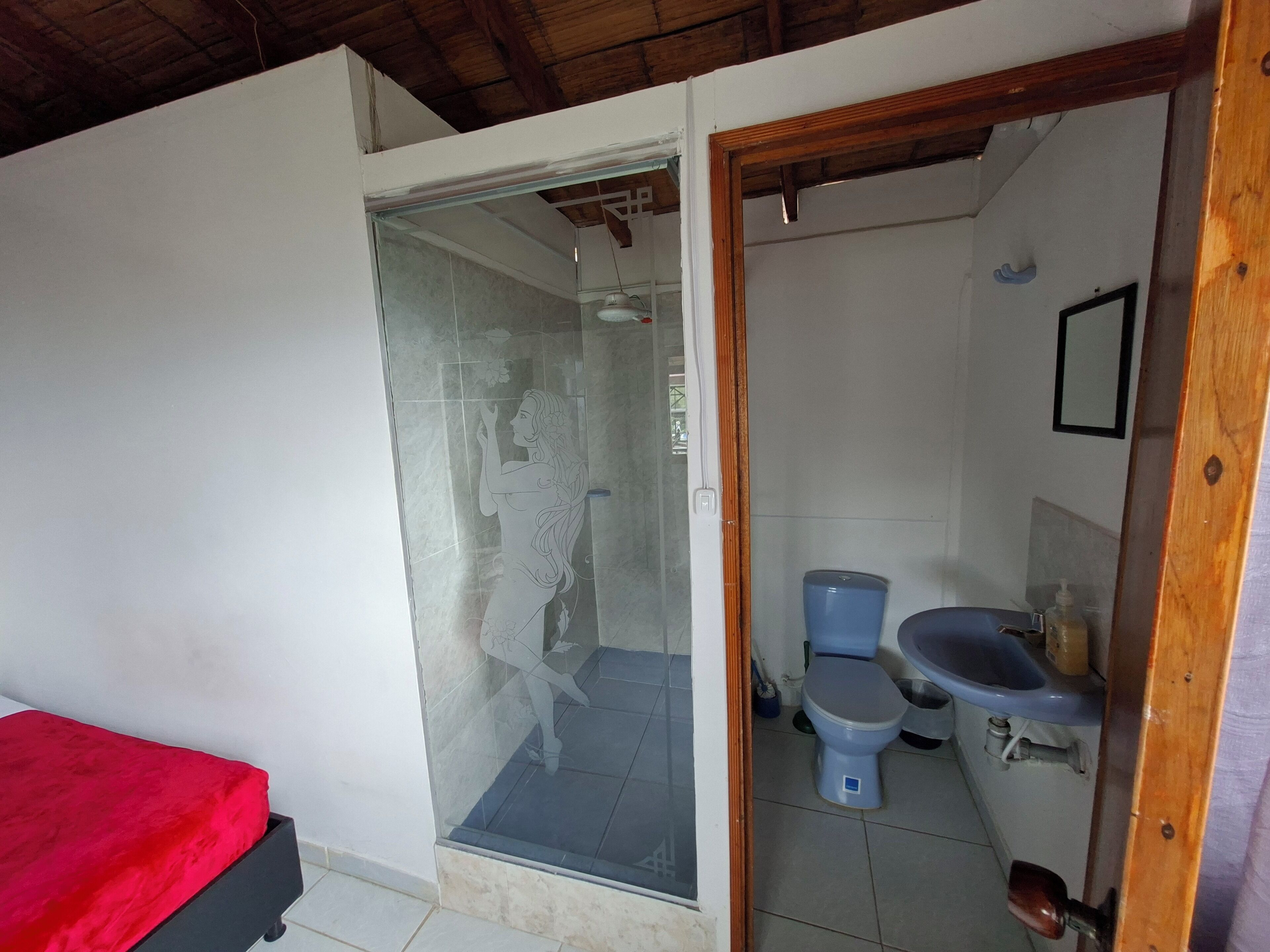 Casa de banho com chuveiro, sanita e lavatório.