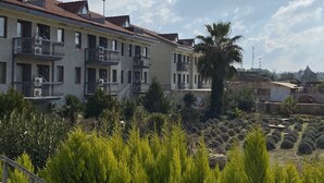 Un edificio de varios pisos con balcones, rodeado de vegetación y un cielo despejado.