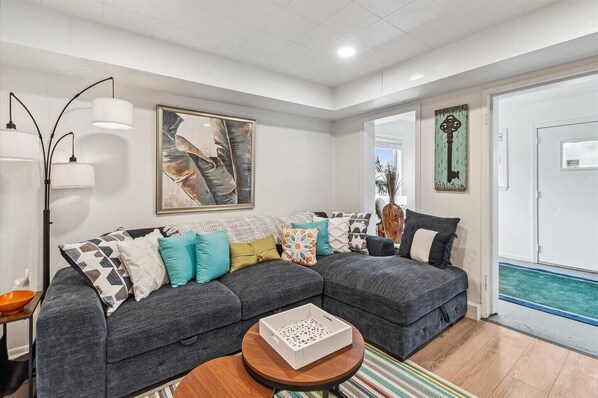 Smart TV, fireplace, books