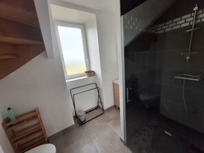 Regadera, secadora de cabello, toallas, papel de baño