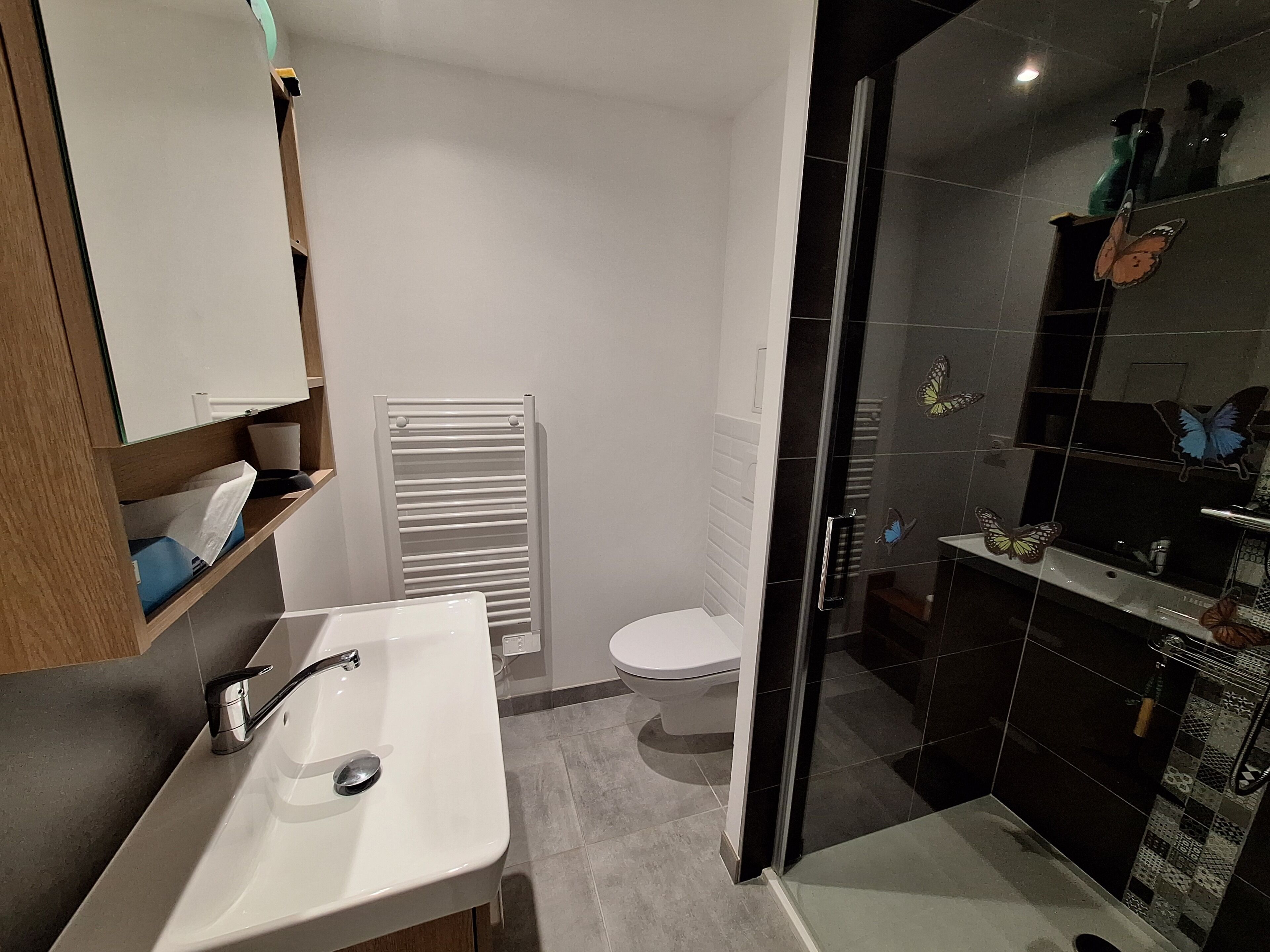 A modern bathroom with a white sink, a glass shower enclosure, and a toilet.