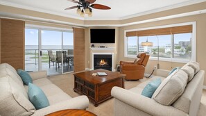 Smart TV, fireplace, video games, DVD player