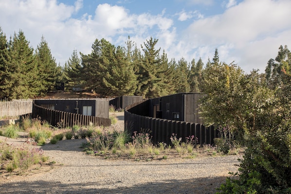 Um edifício moderno com design curvo, rodeado por uma área arborizada.