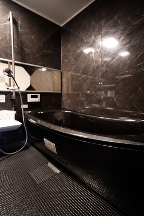 Hair dryer, bidet, towels, soap