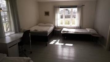 A room with two single beds, a desk, and a chair. There is a window with curtains, a ceiling light, and a picture on the wall.
