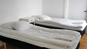 Une chambre avec deux lits simples, une petite table de chevet et une porte.