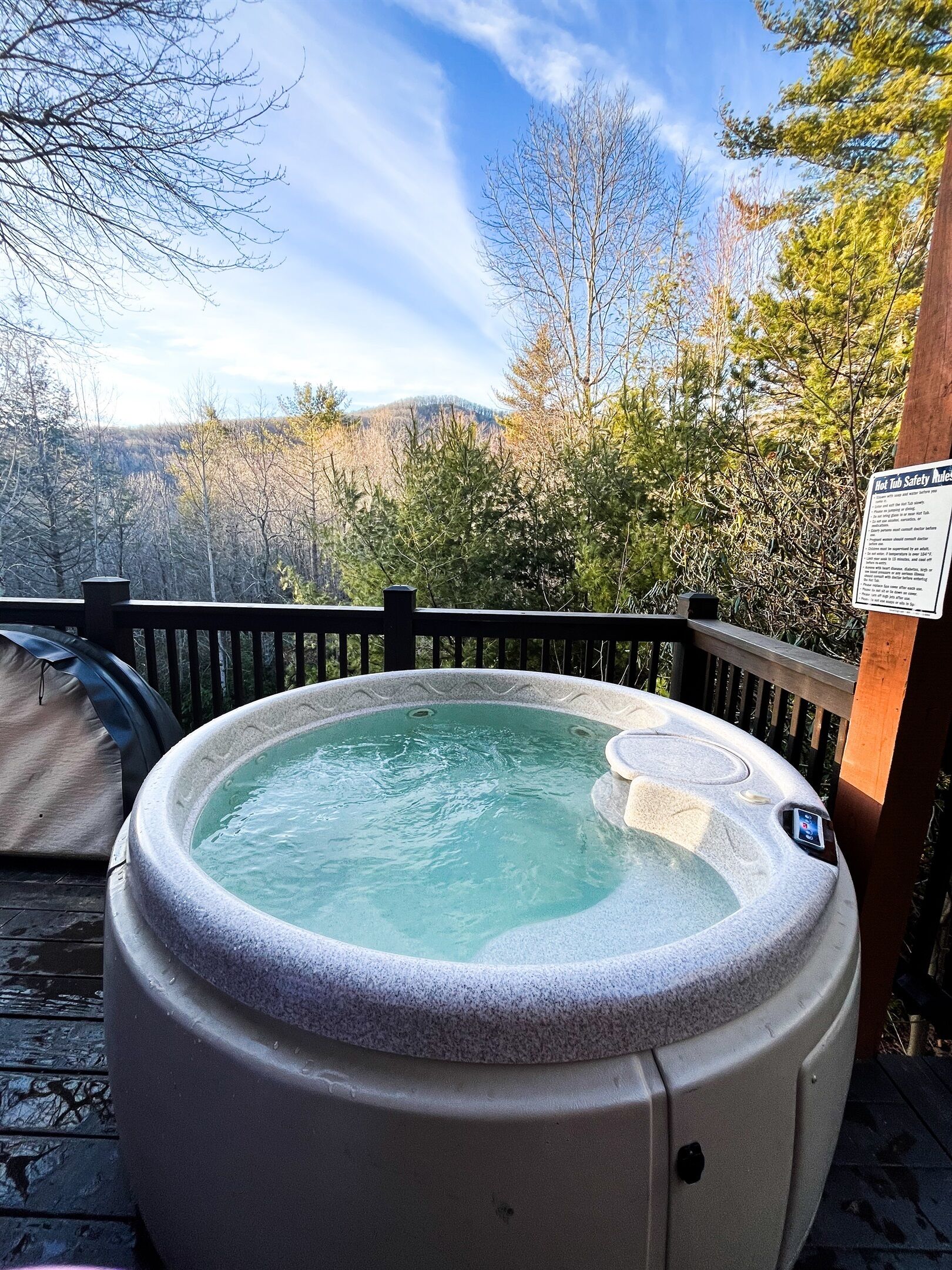 Un bain à remous sur une terrasse en bois, avec vue sur les arbres et les collines en arrière-plan.