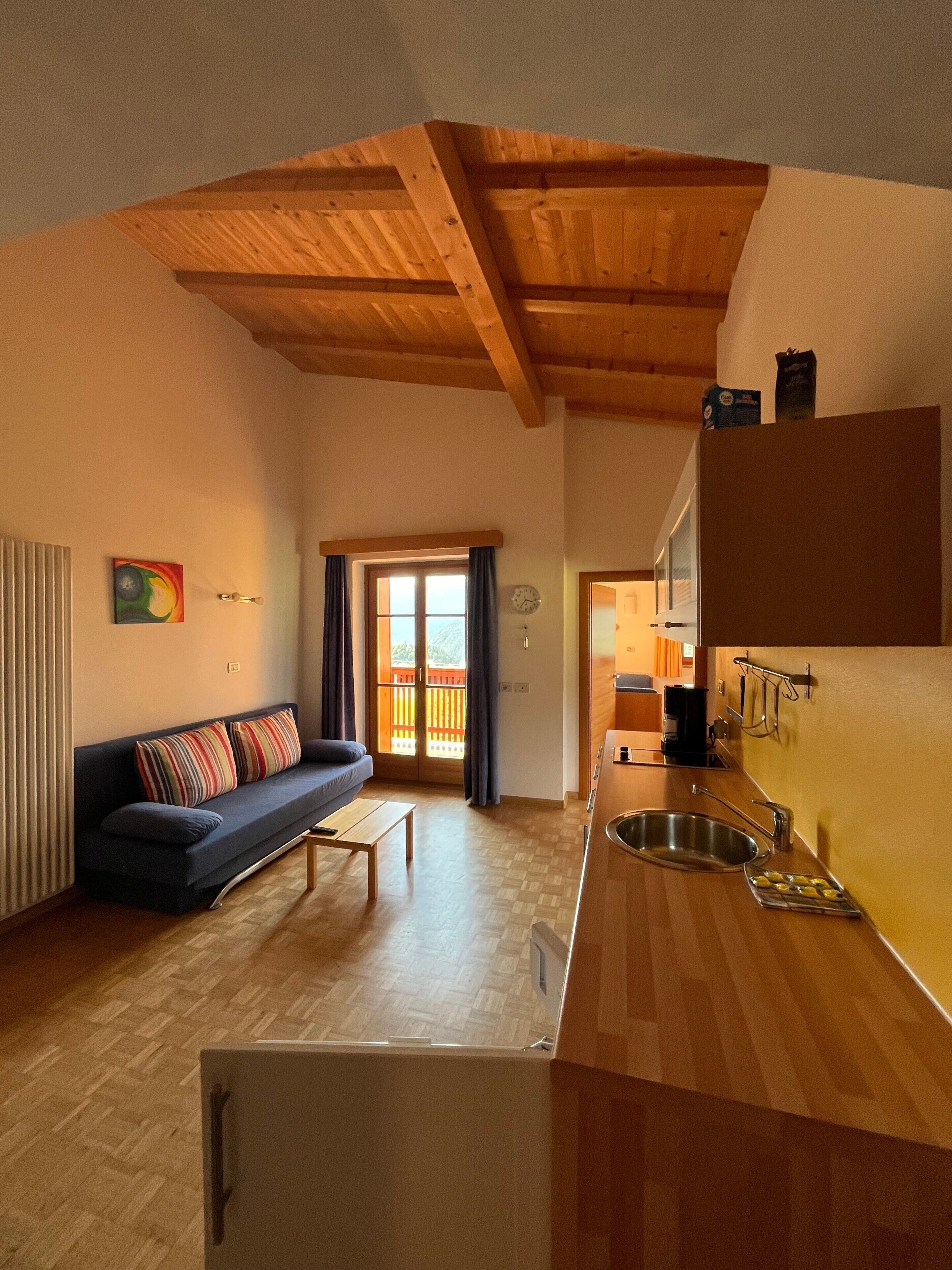 A compact living space with a sofa, a small table, a kitchen area with a sink, and a view through a door to an outdoor balcony.