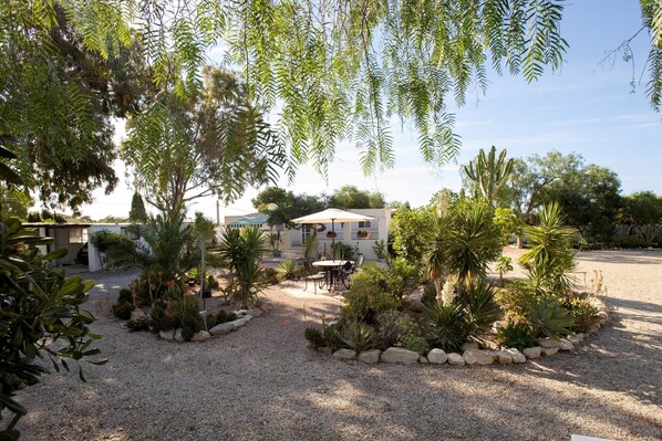 A garden with a patio, a building with a white facade, and a clear sky.