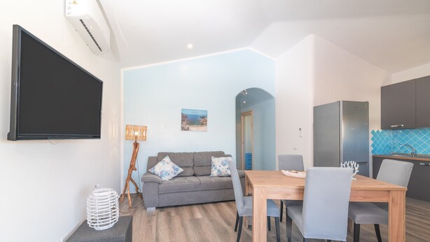 Un salon moderne avec un téléviseur à écran plat, un canapé gris agrémenté de coussins à motifs floraux, une table à manger en bois avec des chaises, et un coin cuisine équipé d’un réfrigérateur et d’un plan de travail bleu carrelé.