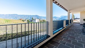 Ein Balkon mit Blick auf Weinberge und Berge.