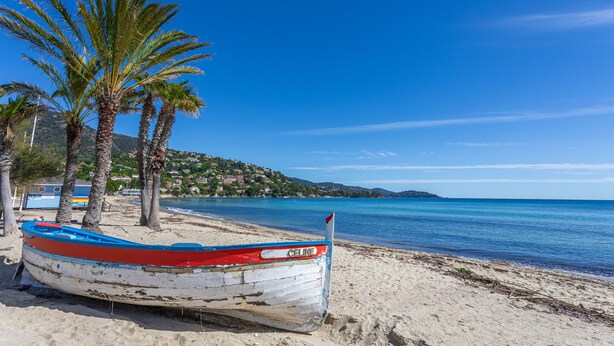 Ein Strand mit einem Ruderboot, Palmen und einem strahlend blauen Himmel.