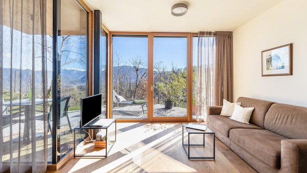 Een moderne woonkamer met een grote schuifpui naar een balkon, een flatscreen televisie, een bruine bank en een salontafel.