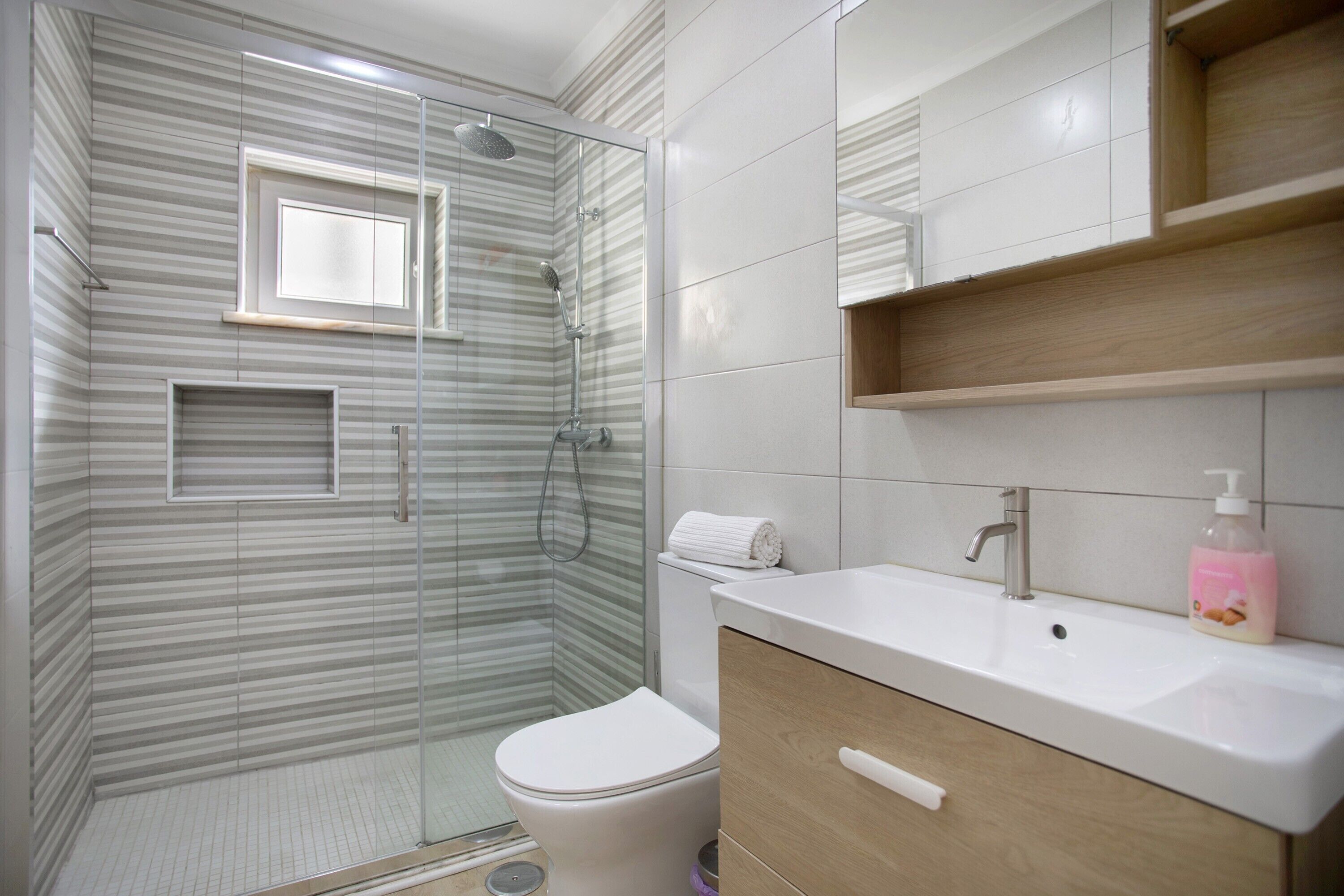 Shower, hair dryer, towels