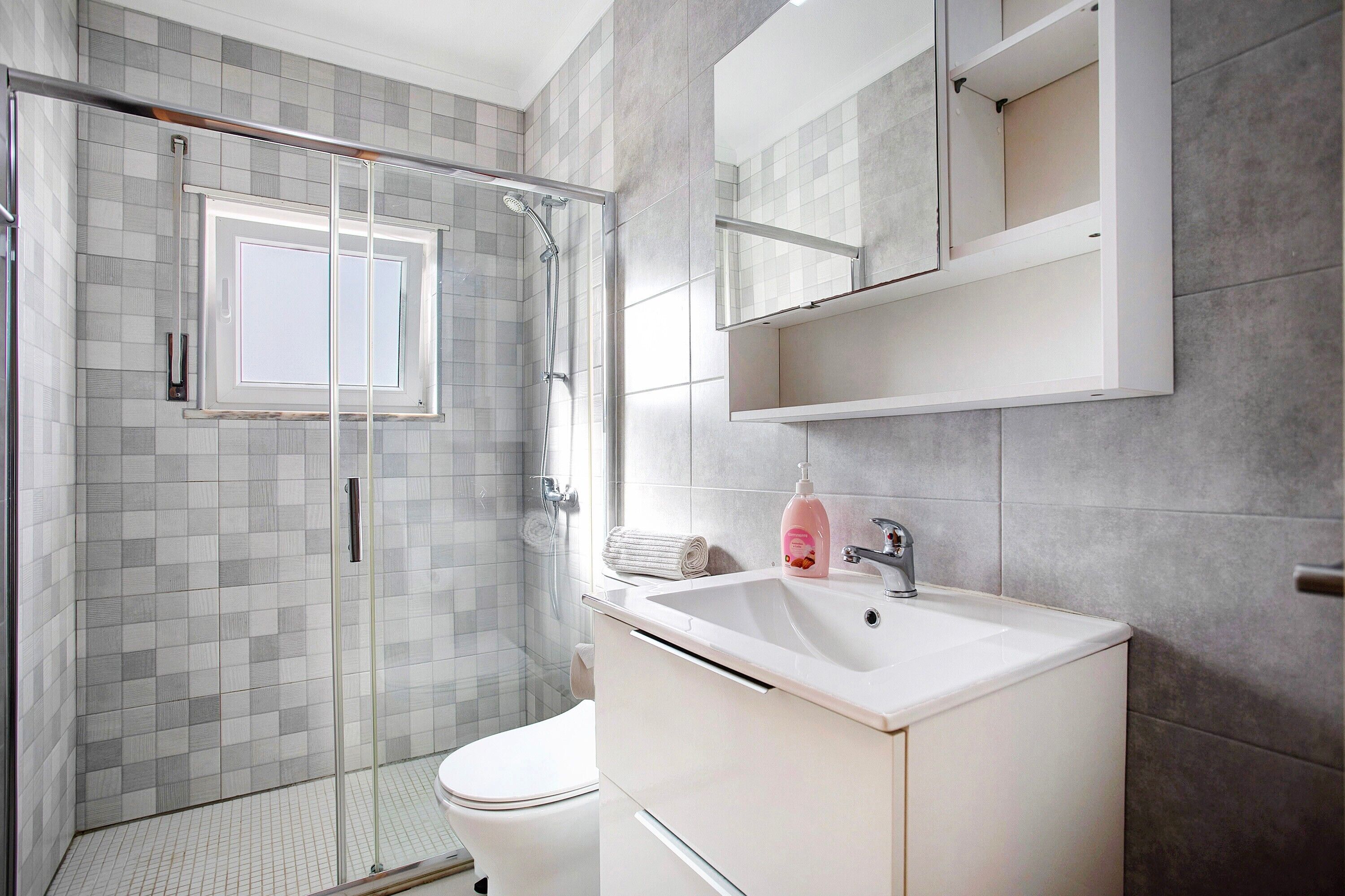 Shower, hair dryer, towels