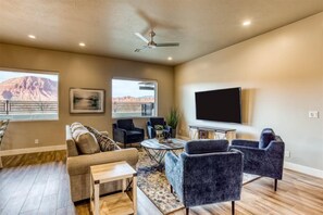 TV, fireplace, video games, table football