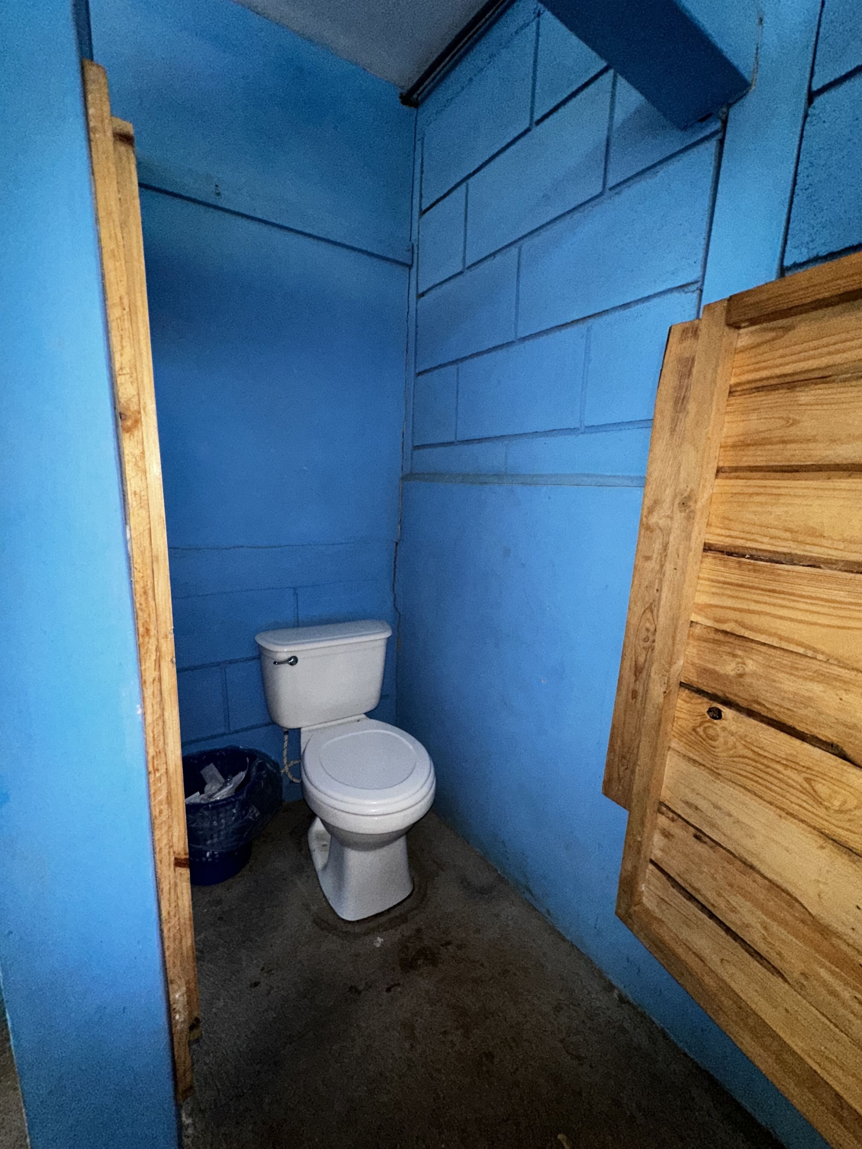 Un bagno piccolo e stretto con pareti azzurre, un water bianco e una porta in legno.