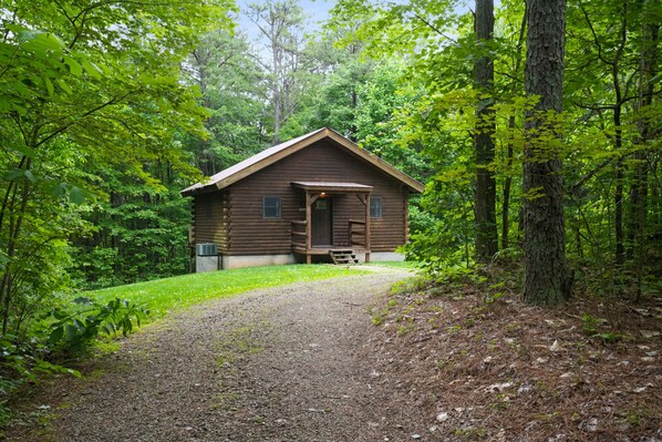A rustic cabin with a wooden exterior, a front porch, and a gravel path leading to it.