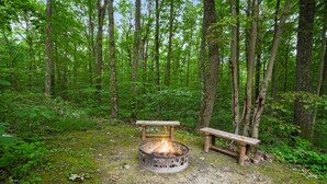 A forest with a campfire and a wooden bench. - Sunset Ridge Cabin | 200 Acres, Pets, Hot Tub (South Bloomingville)