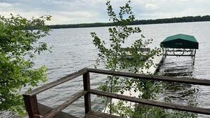 A wooden dock extending into a lake with a green canopy.