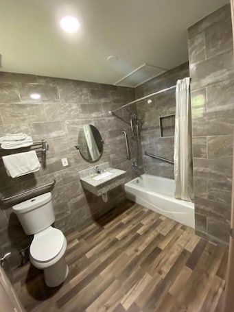 Combined shower/bathtub, free toiletries, towels. Red Carpet Inn