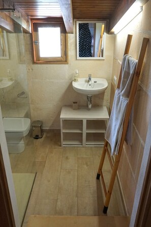 A small, compact bathroom with a toilet, sink, and a wooden ladder leaning against the wall. - 1 bedroom villa with private pool and barbecue (Moscari)
