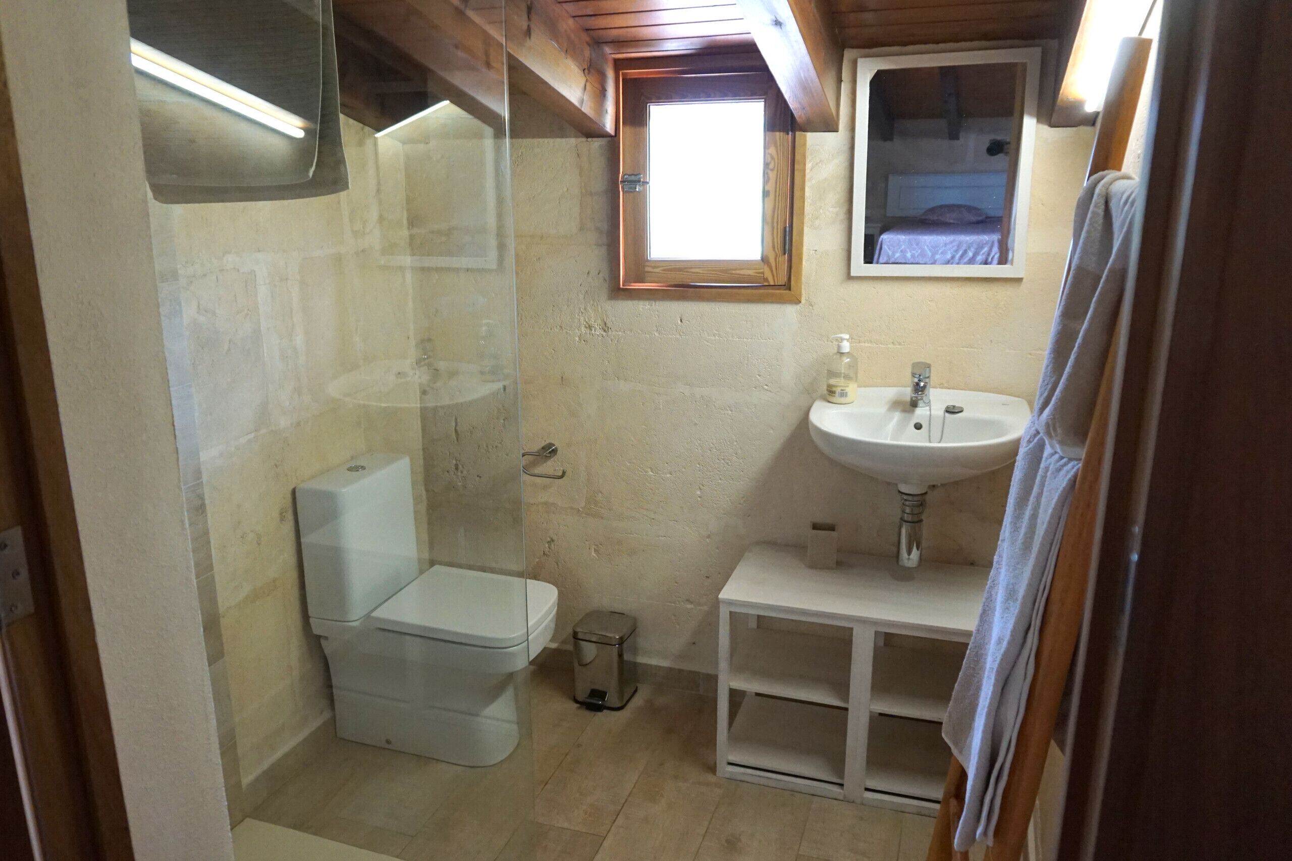 Une petite salle de bain comprenant des toilettes, un lavabo et une douche.