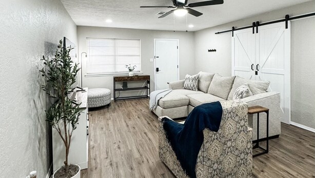 A spacious living room with a ceiling fan, a sofa, a coffee table, and a potted plant.