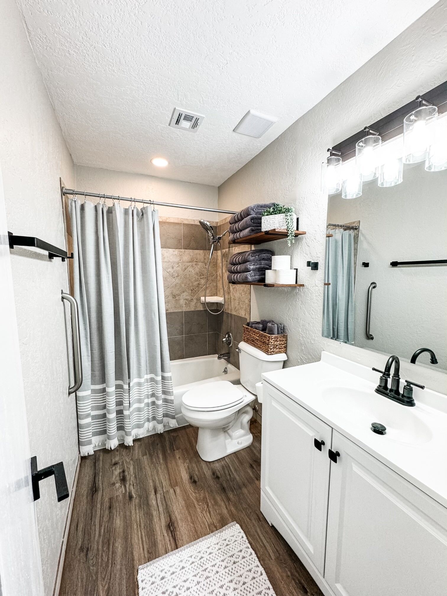 Hair dryer, towels, soap, shampoo