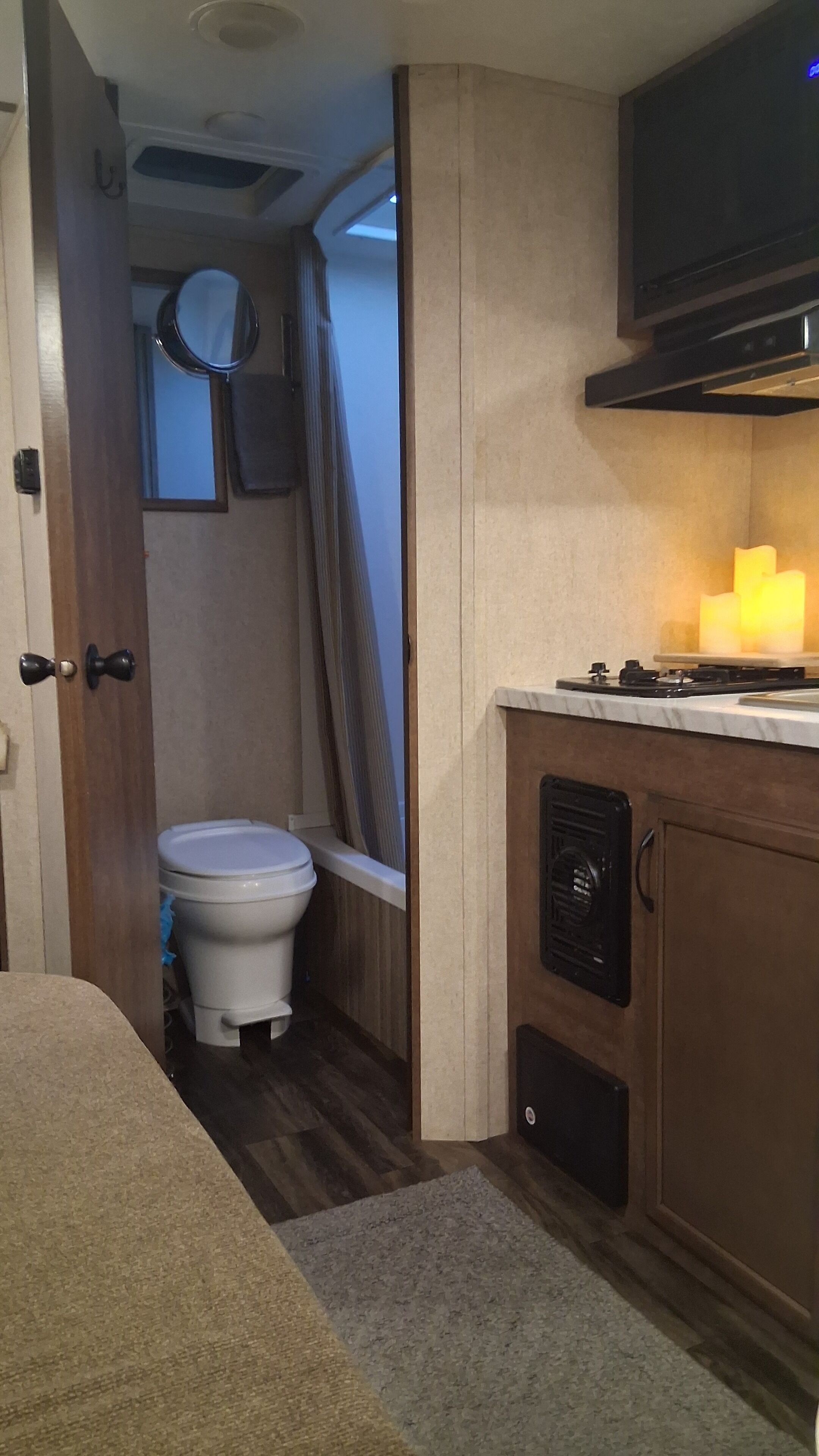 Hair dryer, towels, soap, shampoo