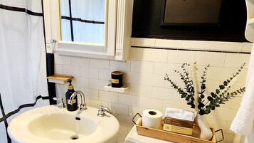 Hair dryer, towels, soap, shampoo