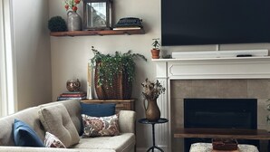 Een woonkamer met een bank, een open haard, een televisie en diverse decoratieve objecten.